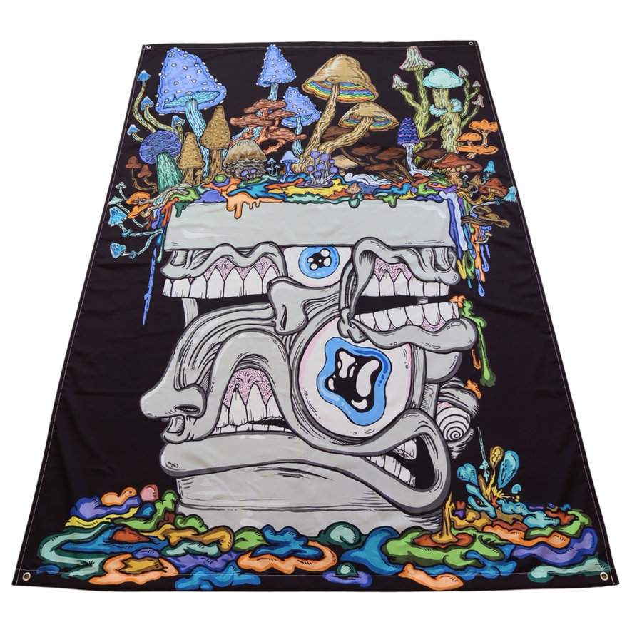 A Melty Bro Full Size UV Reactive Tapestry: “Fun Guy Pot” - Aaron Brooks & Vincent Gordon