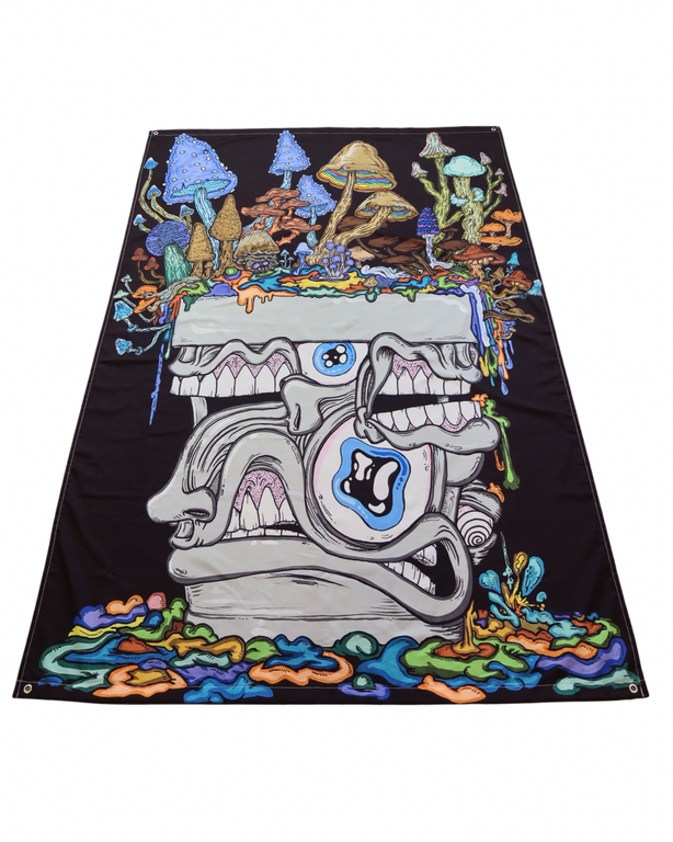 A Melty Bro Full Size UV Reactive Tapestry: “Fun Guy Pot” - Aaron Brooks & Vincent Gordon