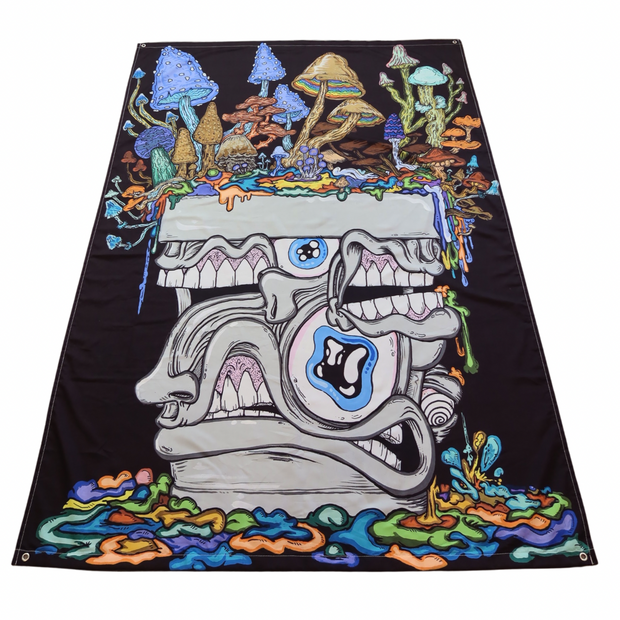 A Melty Bro Full Size UV Reactive Tapestry: “Fun Guy Pot” - Aaron Brooks & Vincent Gordon