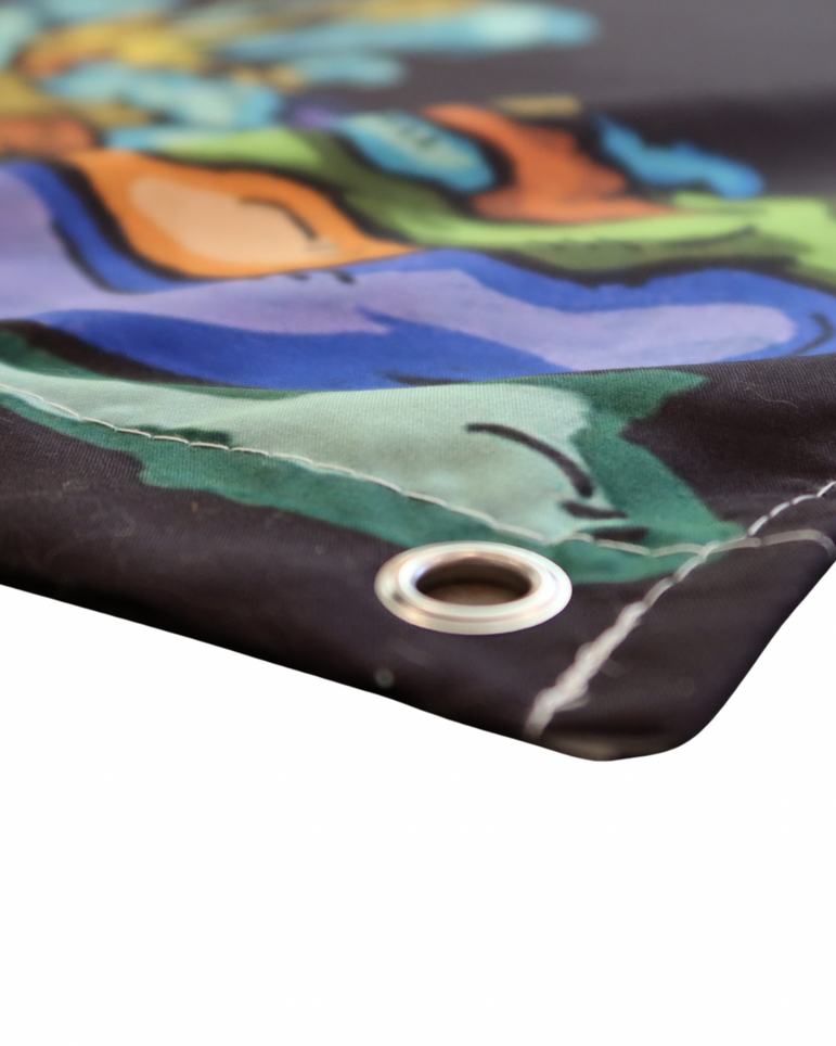 A Melty Bro Full Size UV Reactive Tapestry: “Fun Guy Pot” - Aaron Brooks & Vincent Gordon