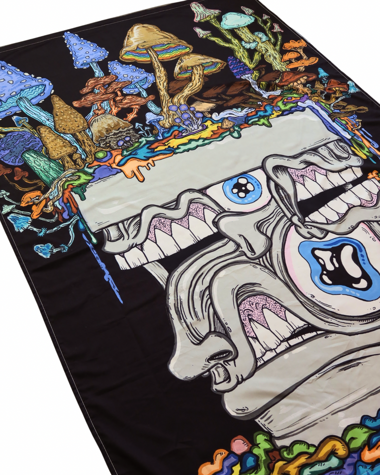 A Melty Bro Full Size UV Reactive Tapestry: “Fun Guy Pot” - Aaron Brooks & Vincent Gordon