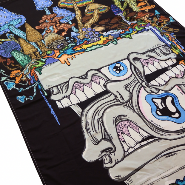 A Melty Bro Full Size UV Reactive Tapestry: “Fun Guy Pot” - Aaron Brooks & Vincent Gordon